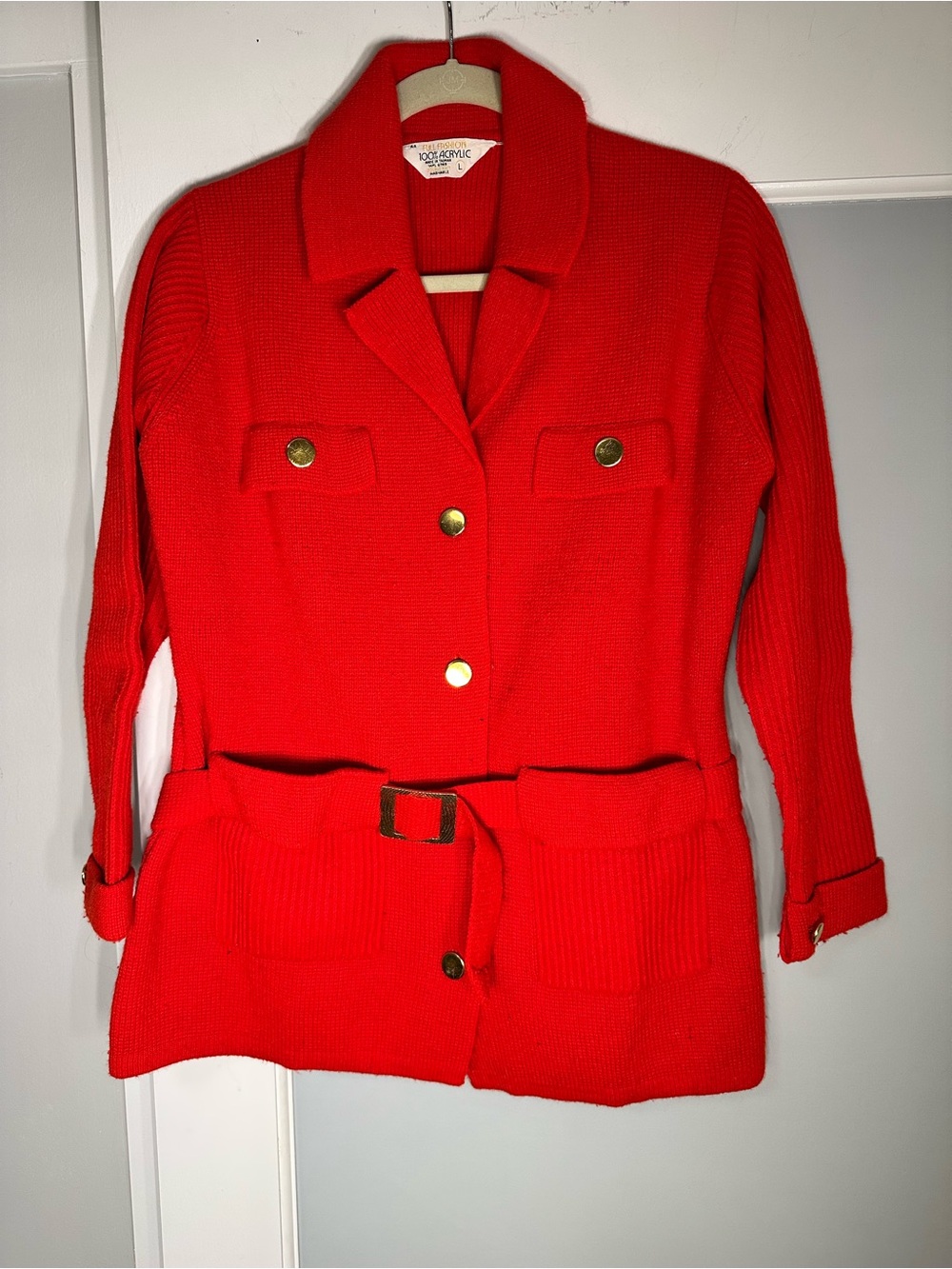 Classic Bright Red Belted Knit Blazer with Gold Buttons